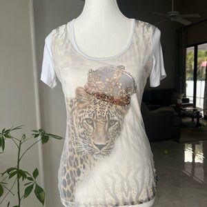 Women's White Leopard Graphic Top with Embellished Crown by DICE